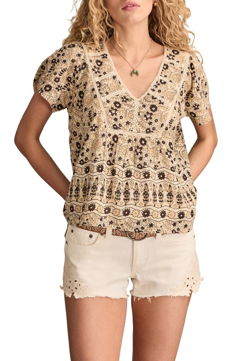 Lucky Brand Lace Trim Top, Main, color, Raven And White Swan Floral