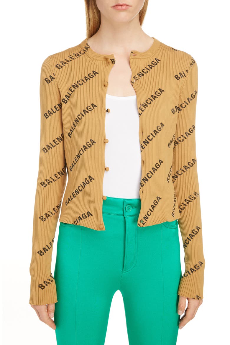 Logo Print Rib Knit Cardigan, Main, color, SAHARA/ BLACK