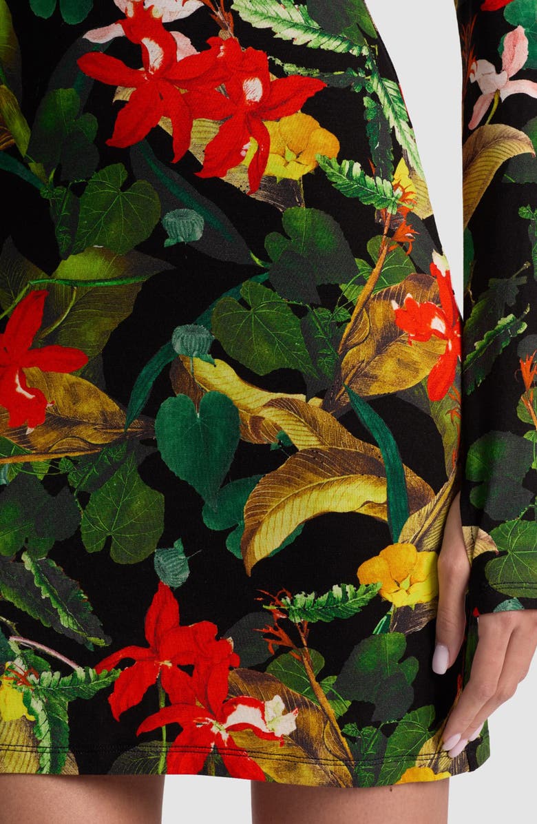 Alice + Olivia Delora Tropical Print Long Sleeve Minidress, Alternate, color, Tropical Sunrise Black