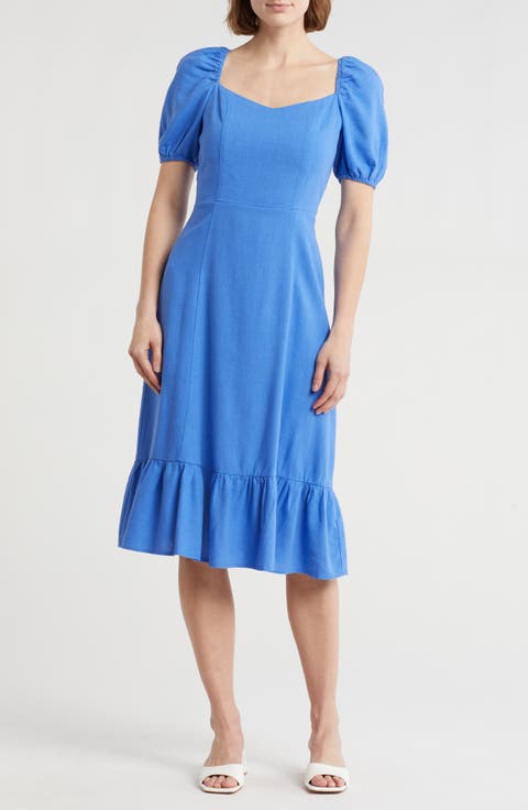Puff Sleeve Linen Blend Midi Dress