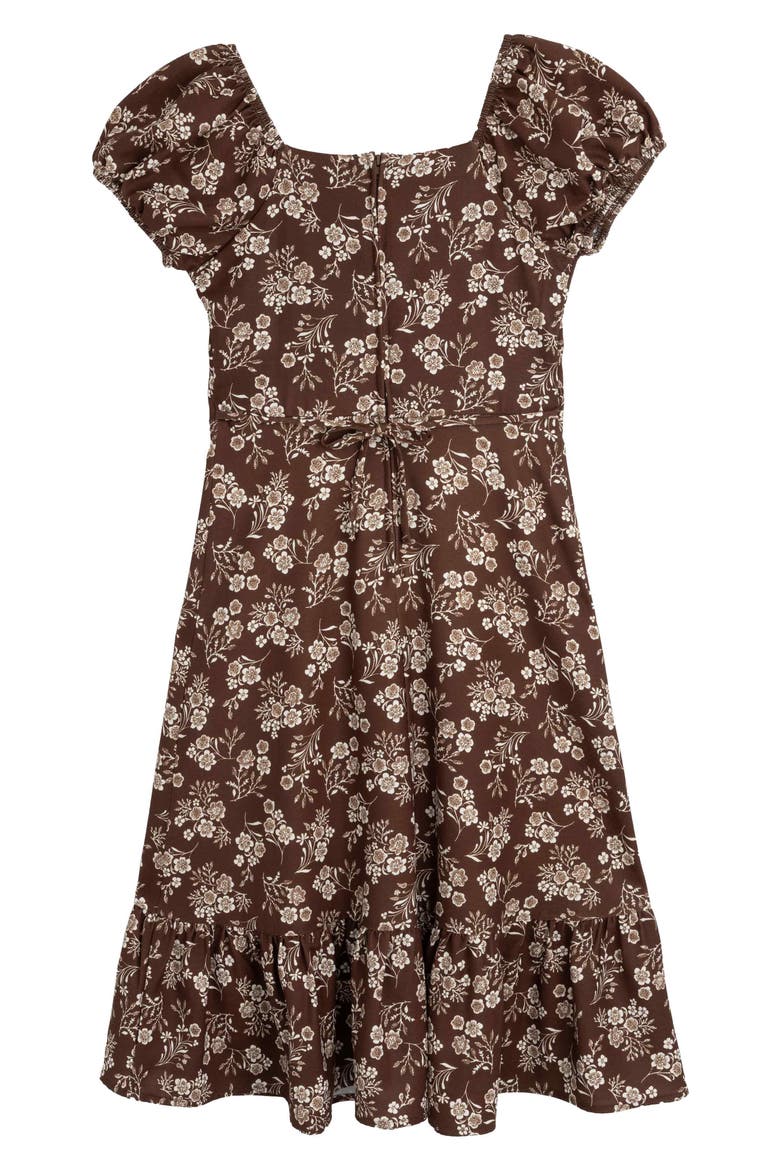 Kids' Floral Puff Sleeve Midi Dress, Alternate, color, BROWN/ IVORY JM