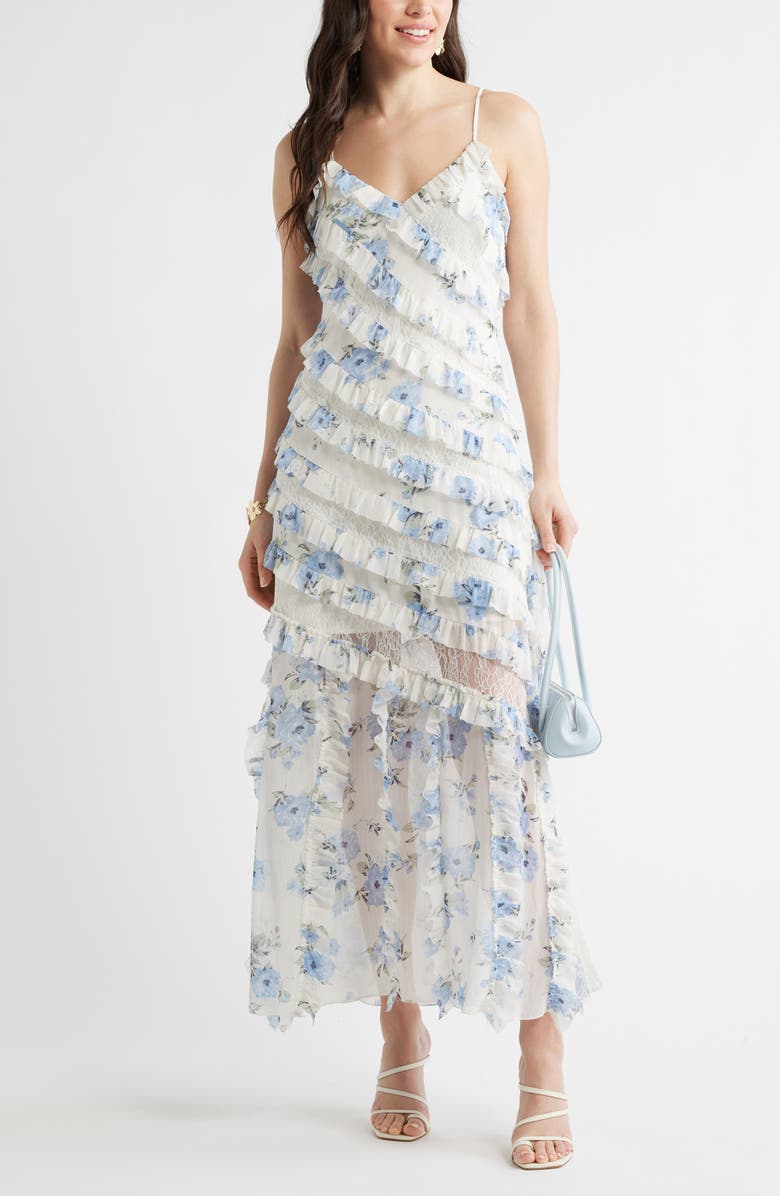Chelsea28 Ruffle & Lace Sleeveless Maxi Dress, Main, color, Blue Floral