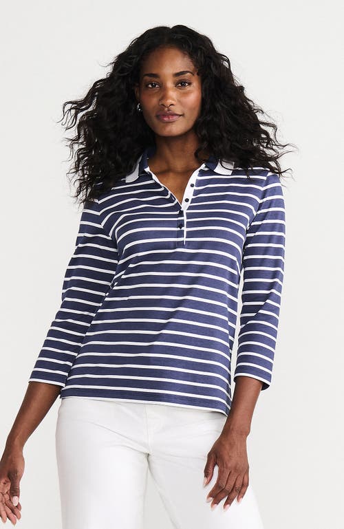 Lands' End 3/4 Sleeve Supima Cotton Polo Shirt in Deep Sea Breton Stripe Tipped  product