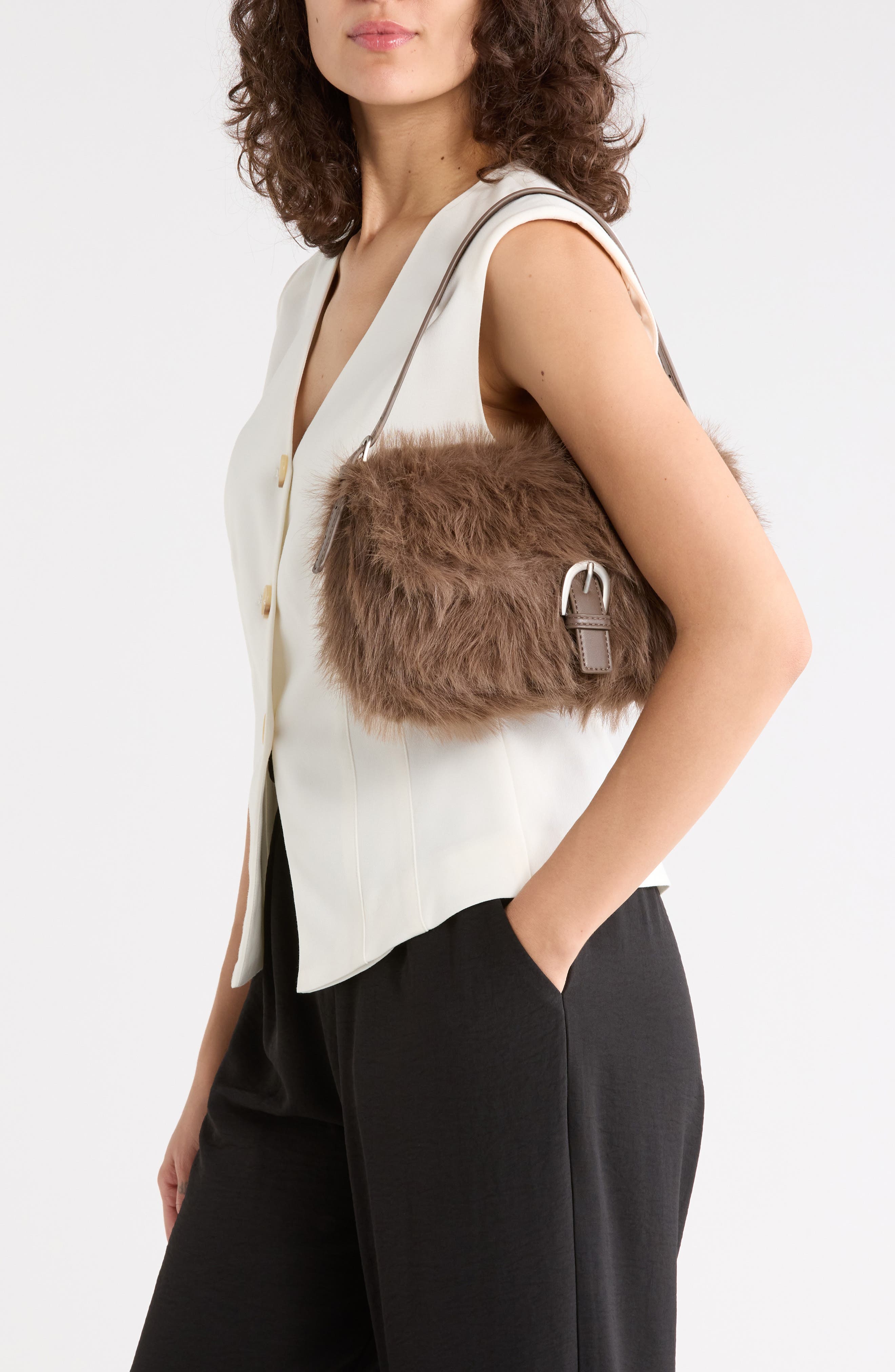 Faux Fur Buckle Shoulder Bag, Alternate, color, MUSHROOM
