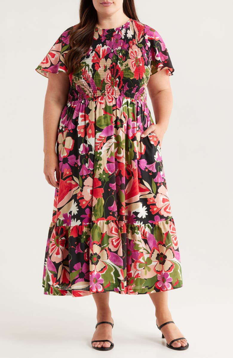 Anne Klein Floral Smocked Flutter Sleeve Cotton Maxi Dress, Main, color, Anne Black Multi