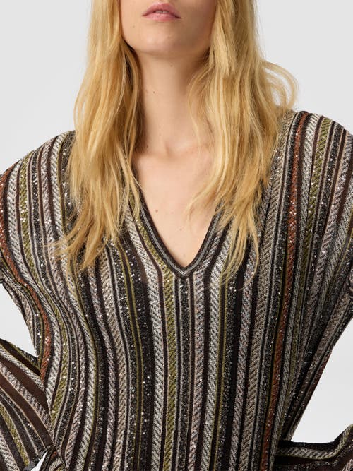 Missoni Long Dress With V-neck And Herringbone Stripe Knit In Multi