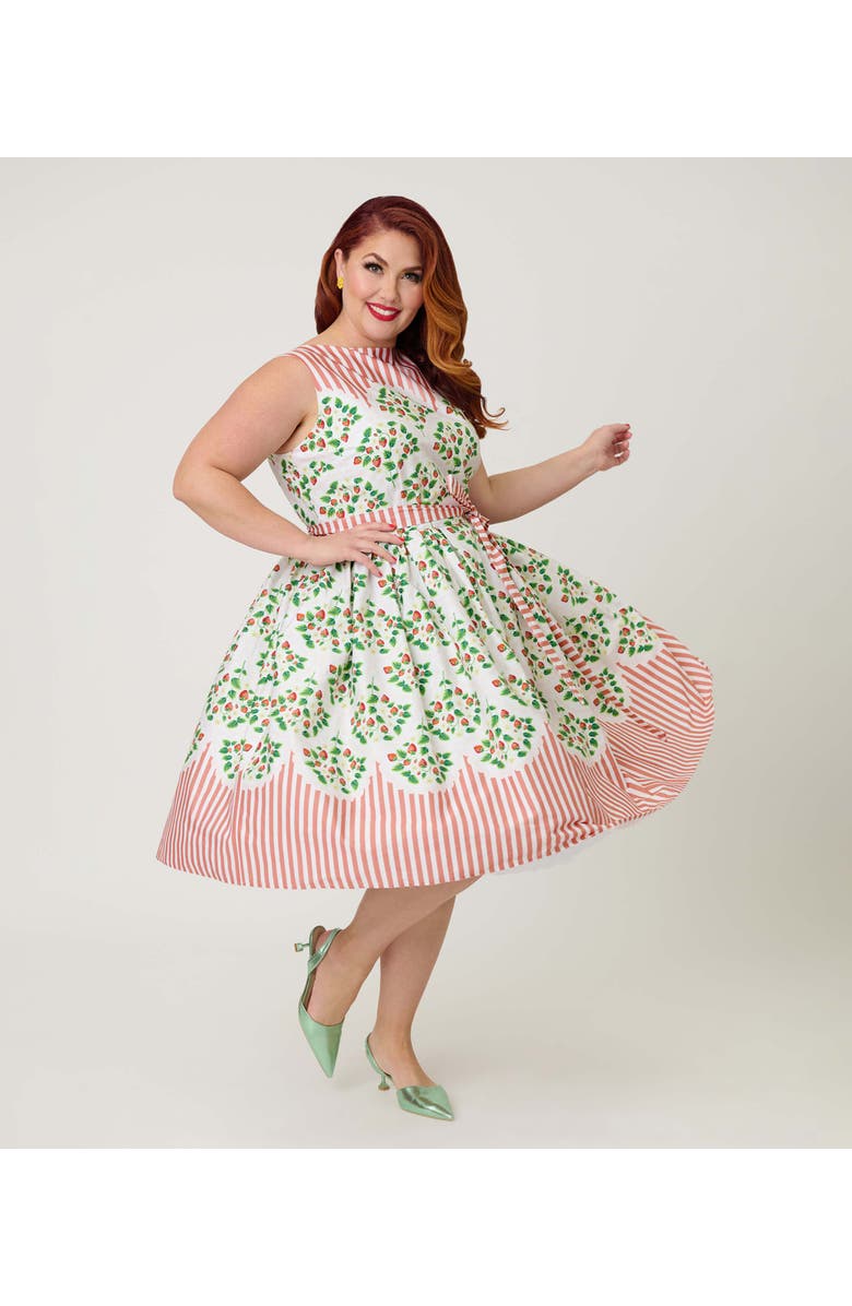 Unique Vintage Plus Size Sleeveless Belted Swing Dress, Main, color, Pink Stripe W/ Strawberries