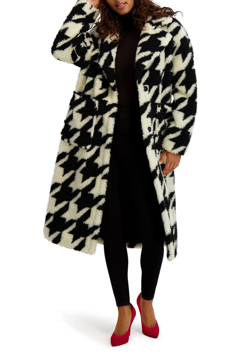 Houndstooth Faux Shearling Coat, Alternate, color, BLACK/ WHITE