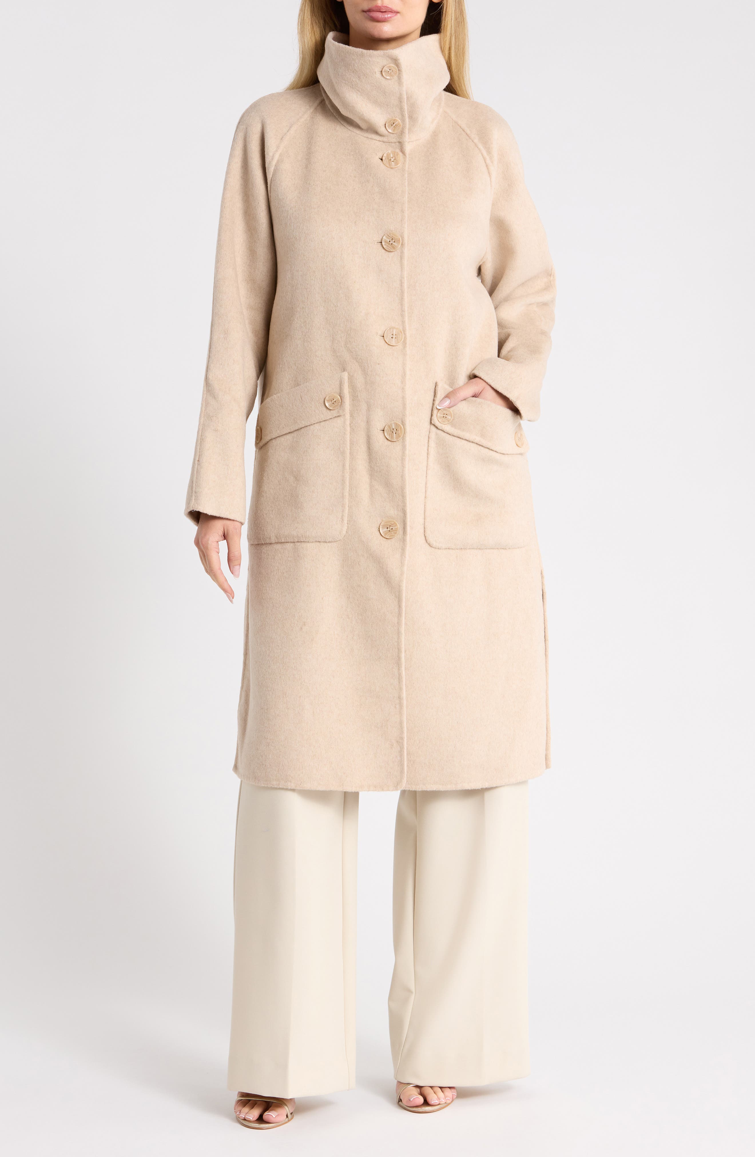 Funnel Neck Wool Blend Coat