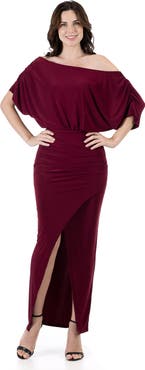 24seven Comfort Apparel Boat Neck Batwing Sleeve Slit Maxi Dress