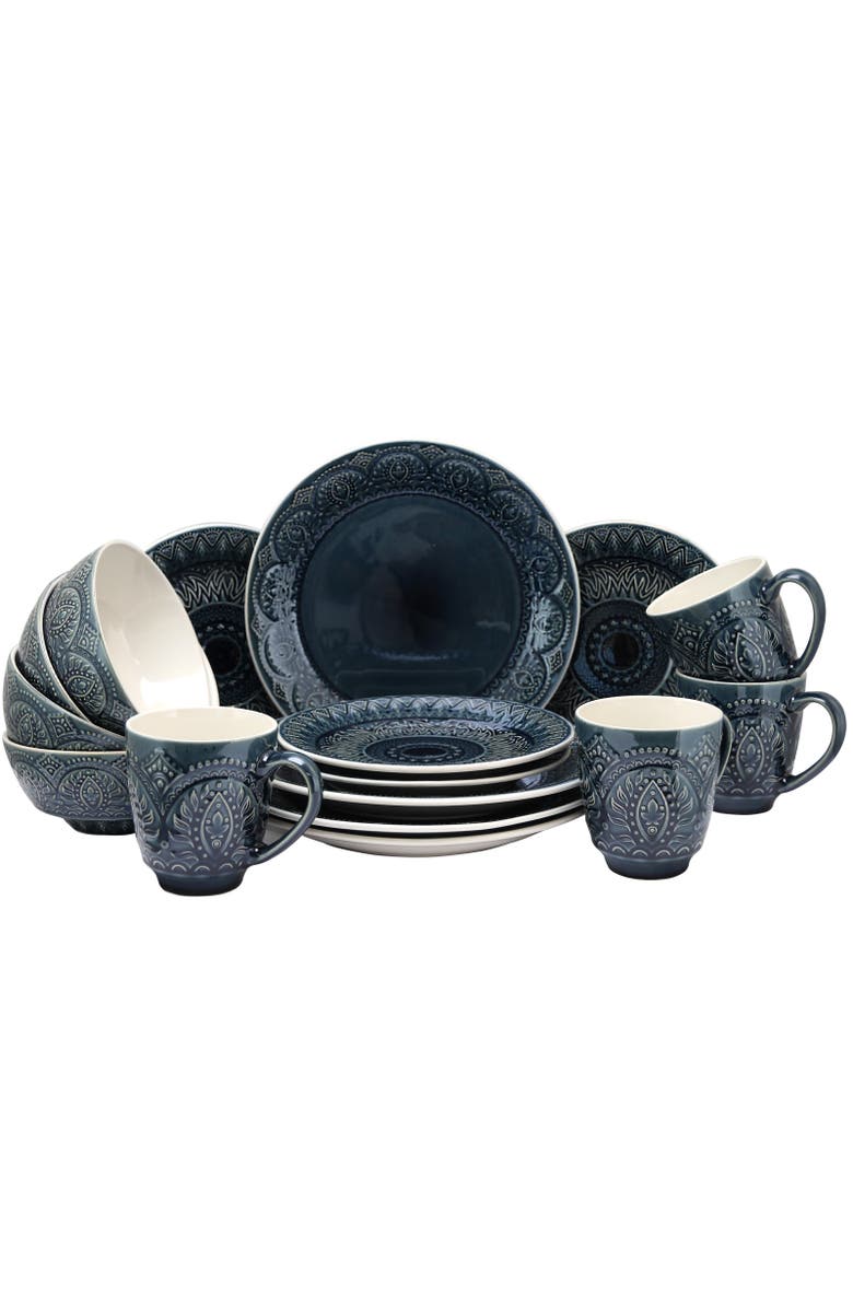 Elama Petra 16 Piece Stoneware Dinnerware Set, Main, color, Blue