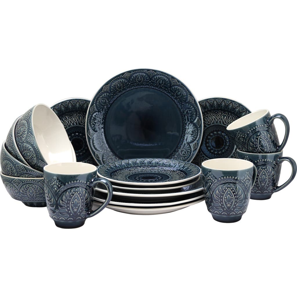 Elama Petra 16 Piece Stoneware Dinnerware Set In Blue