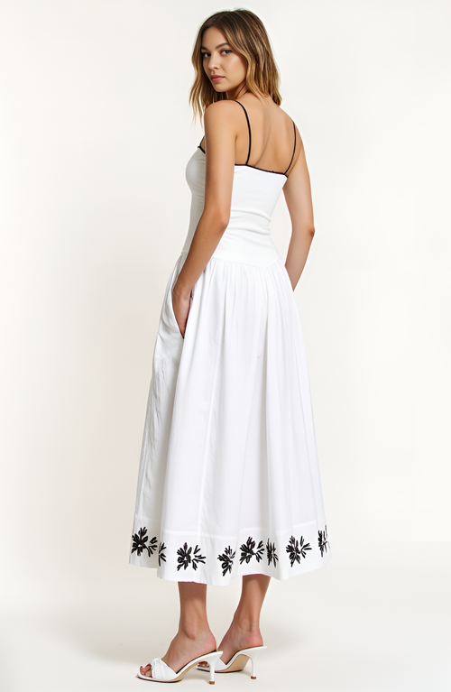Modenaire Strapless Embroidered Hem A-line Dress With Corset Waist In White/black
