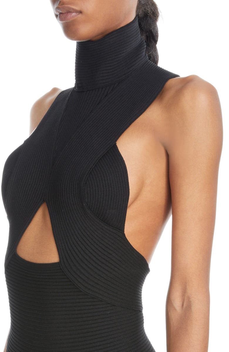 Alaïa Circular Cutout Turtleneck Rib Sweater Dress, Alternate, color,