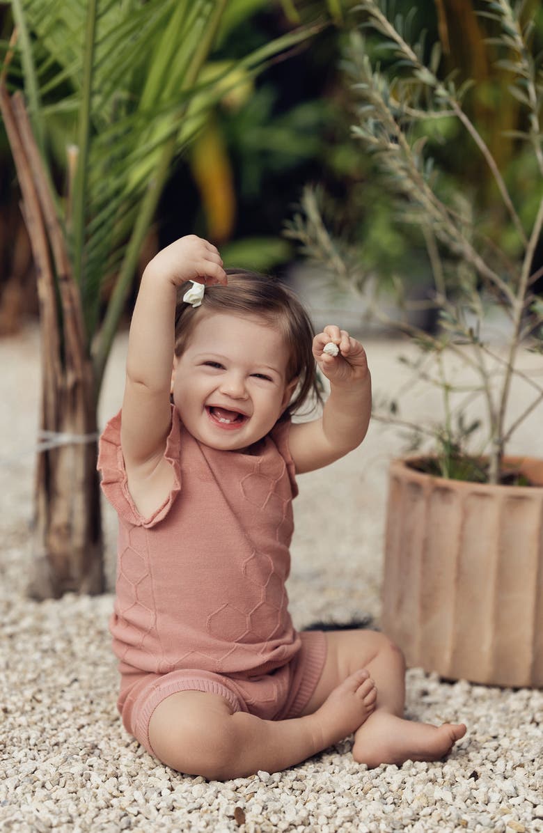 Manière Scallop Honeycomb Stitch Sweater & Shorts Set, Alternate, color, Salmon