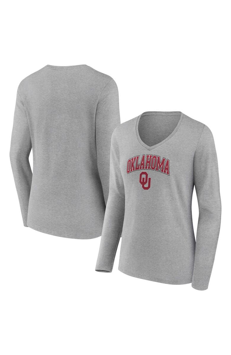 FANATICS Women's Fanatics Branded Heather Gray Oklahoma Sooners Evergreen Campus Long Sleeve V-Neck T-Shirt, Main, color, 