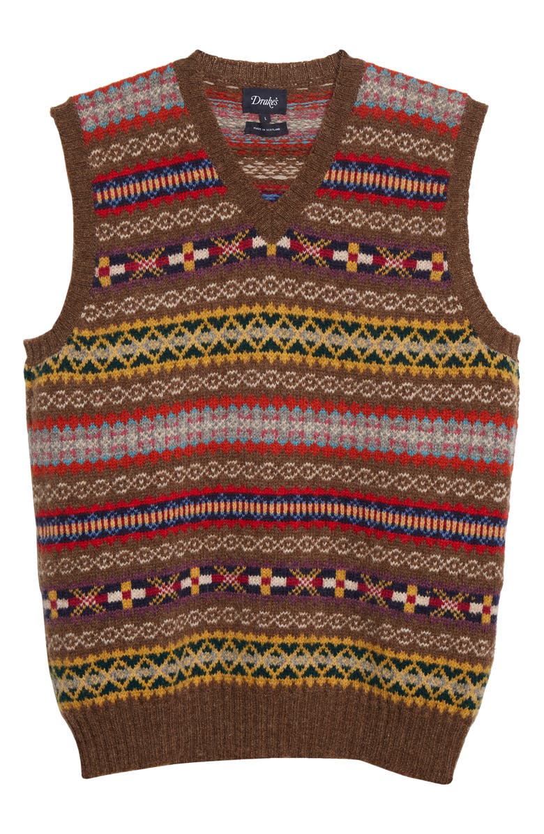 Drake's Men's Fair Isle V-Neck Wool Sweater Vest, Alternate, color, 