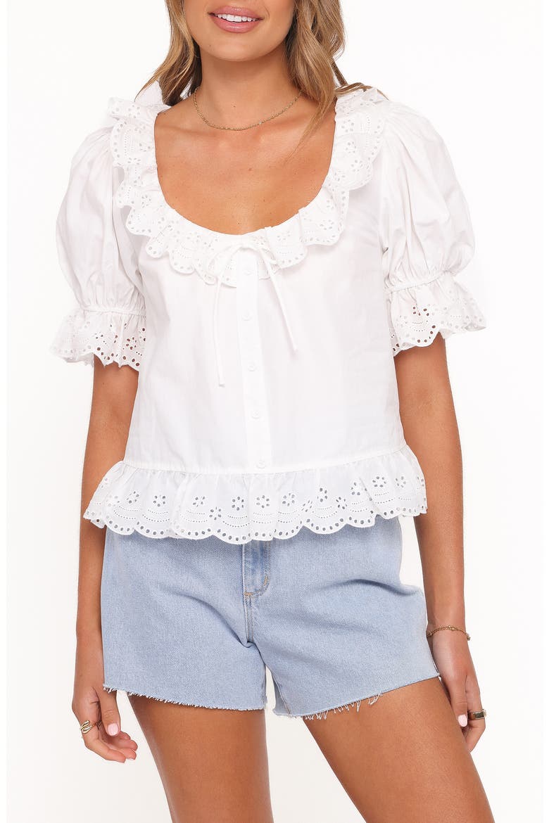 Anouk Eyelet Trim Button-Up Top, Main, color, WHITE