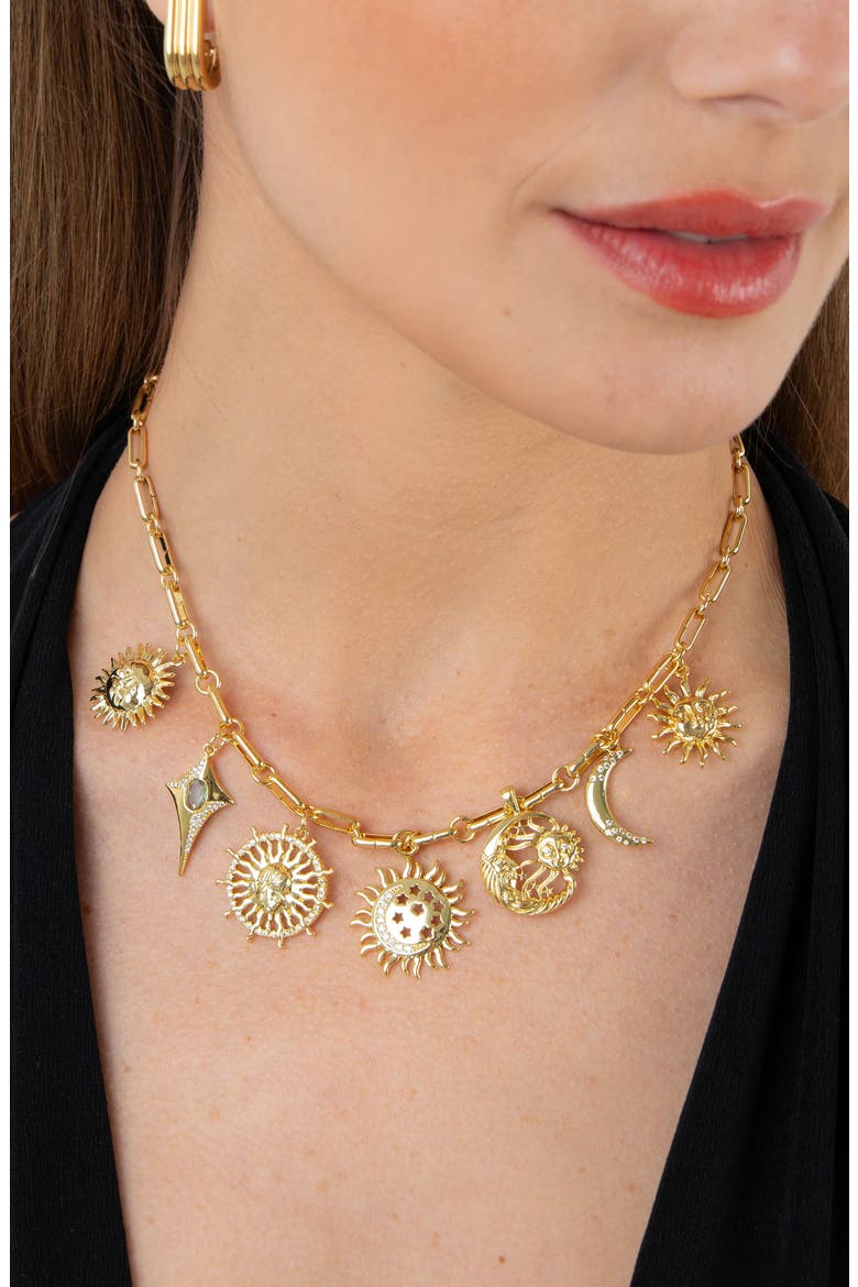 18k Gold Plated Cubic Zirconia Multicharm Solar Necklace, Alternate, color, GOLD