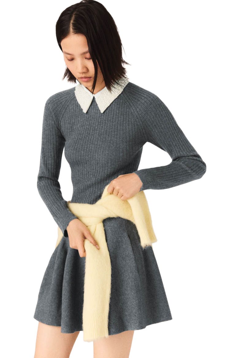 Beaded-collar short knit dress, Alternate, color, Grey