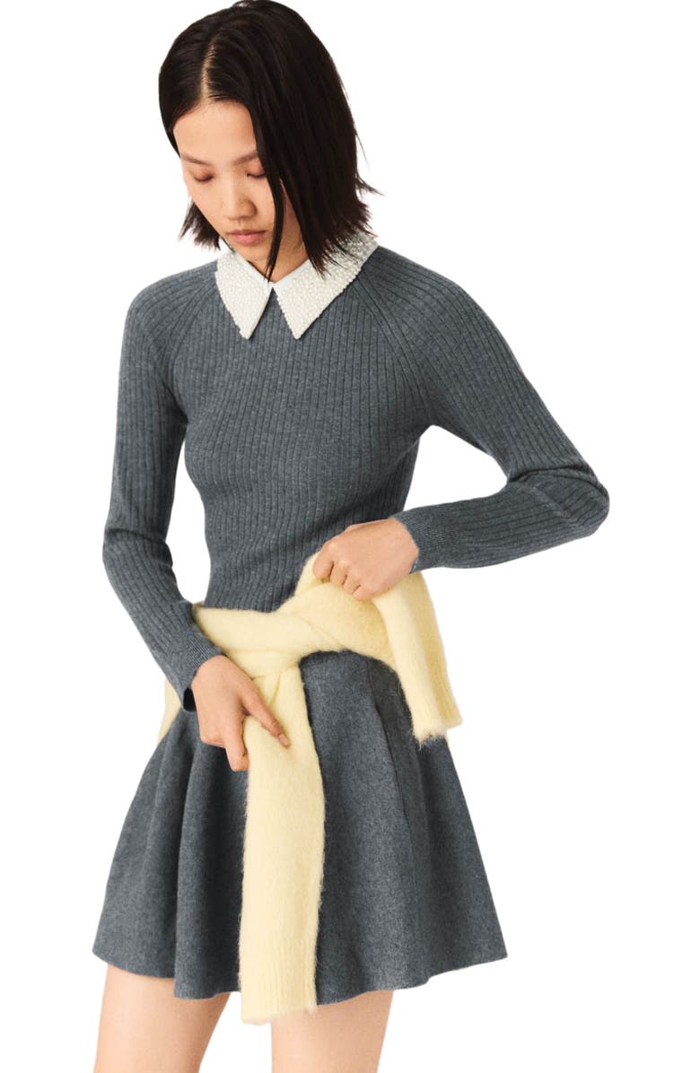 maje Beaded-collar short knit dress, Alternate, color, Grey