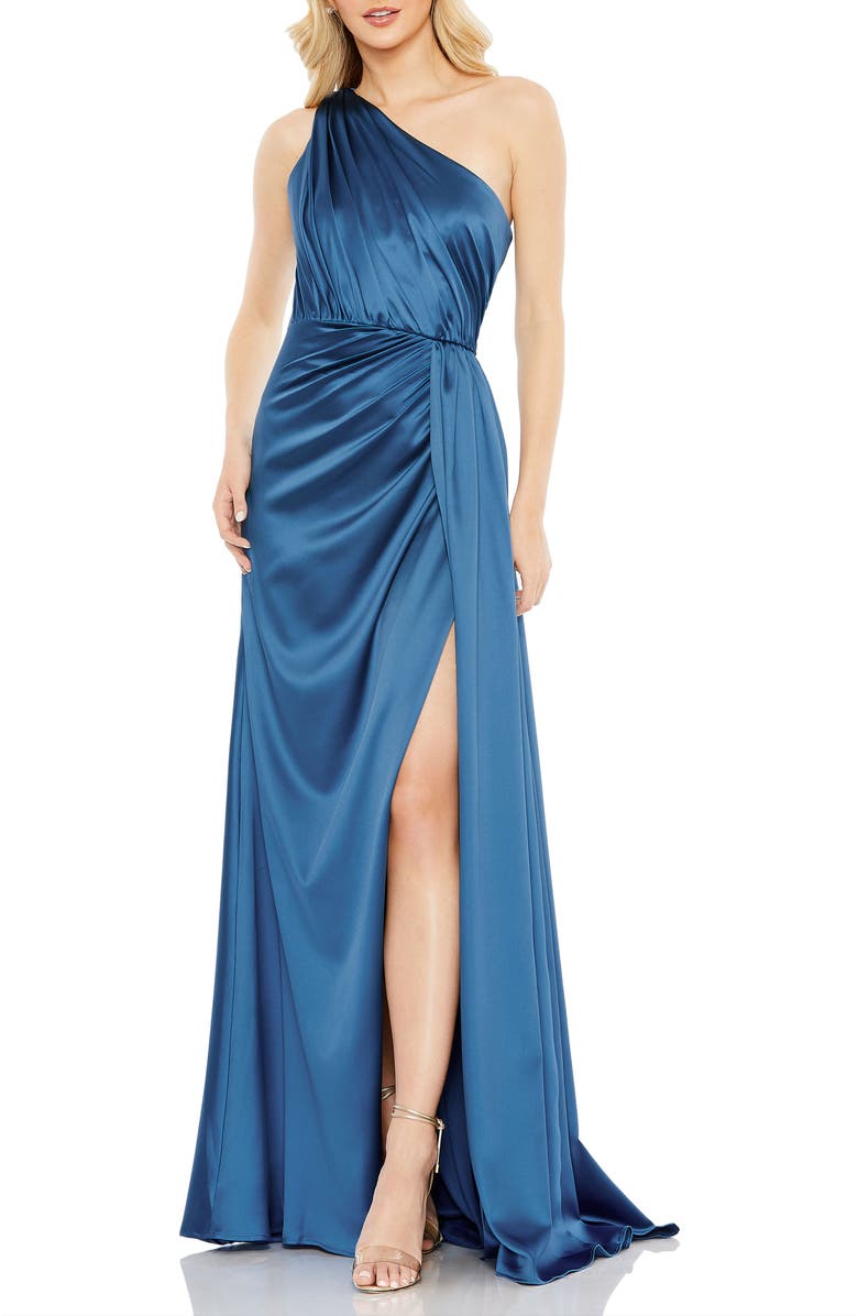 Mac Duggal Gathered One Shoulder Satin Faux Wrap Gown, Main, color, Ocean Blue