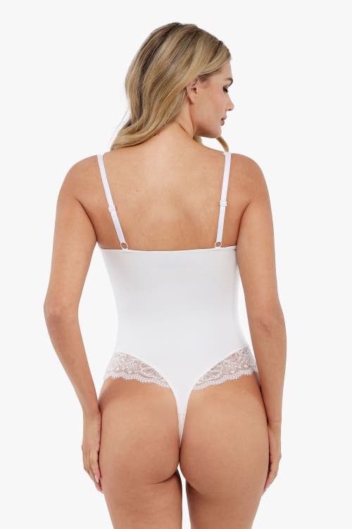 Popilush Shapewear Deep V-neck Sculpting Lace Inset Bodysuit In Pearl White