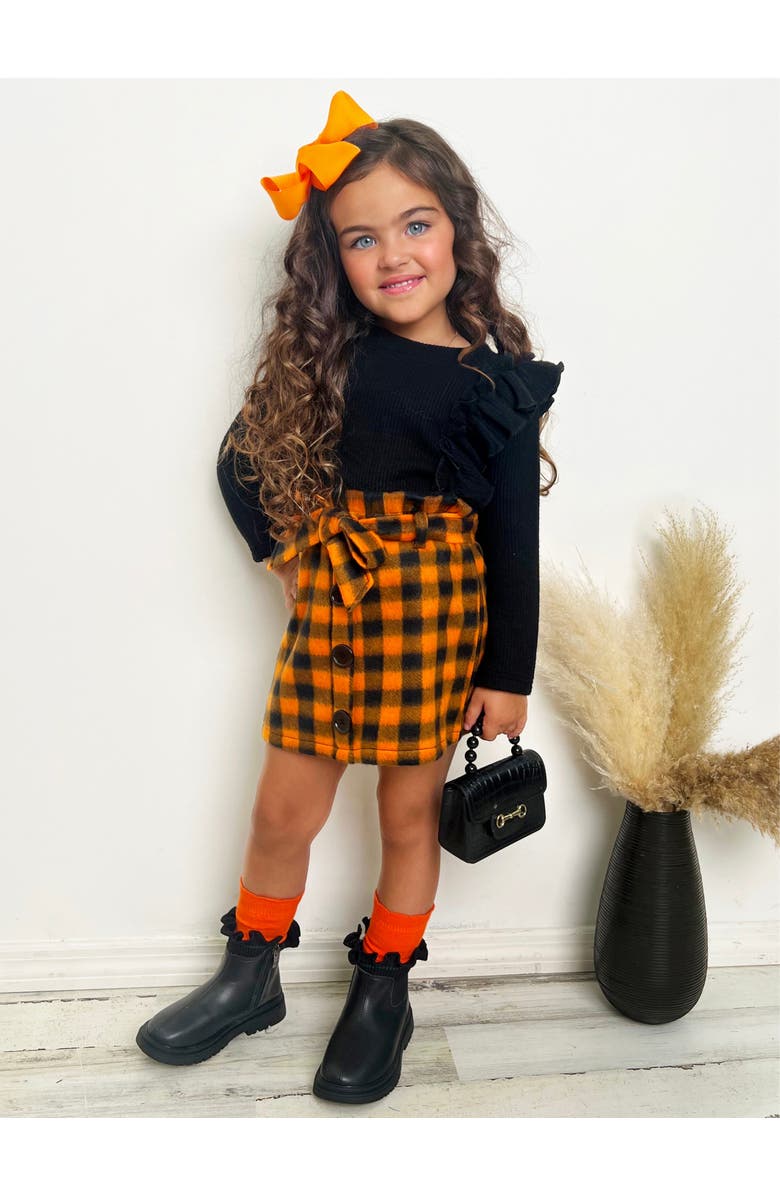 Mia Belle Girls Feels Like Fall Ruffled Top and Checkered Skirt Set, Alternate, color, Orange