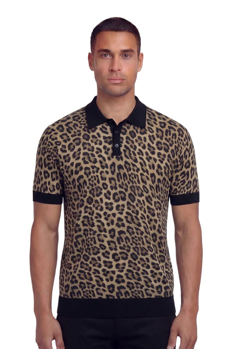 Leopard Mens Merino Silk Cashmere Polo, Main, color, LEOPARD BROWN