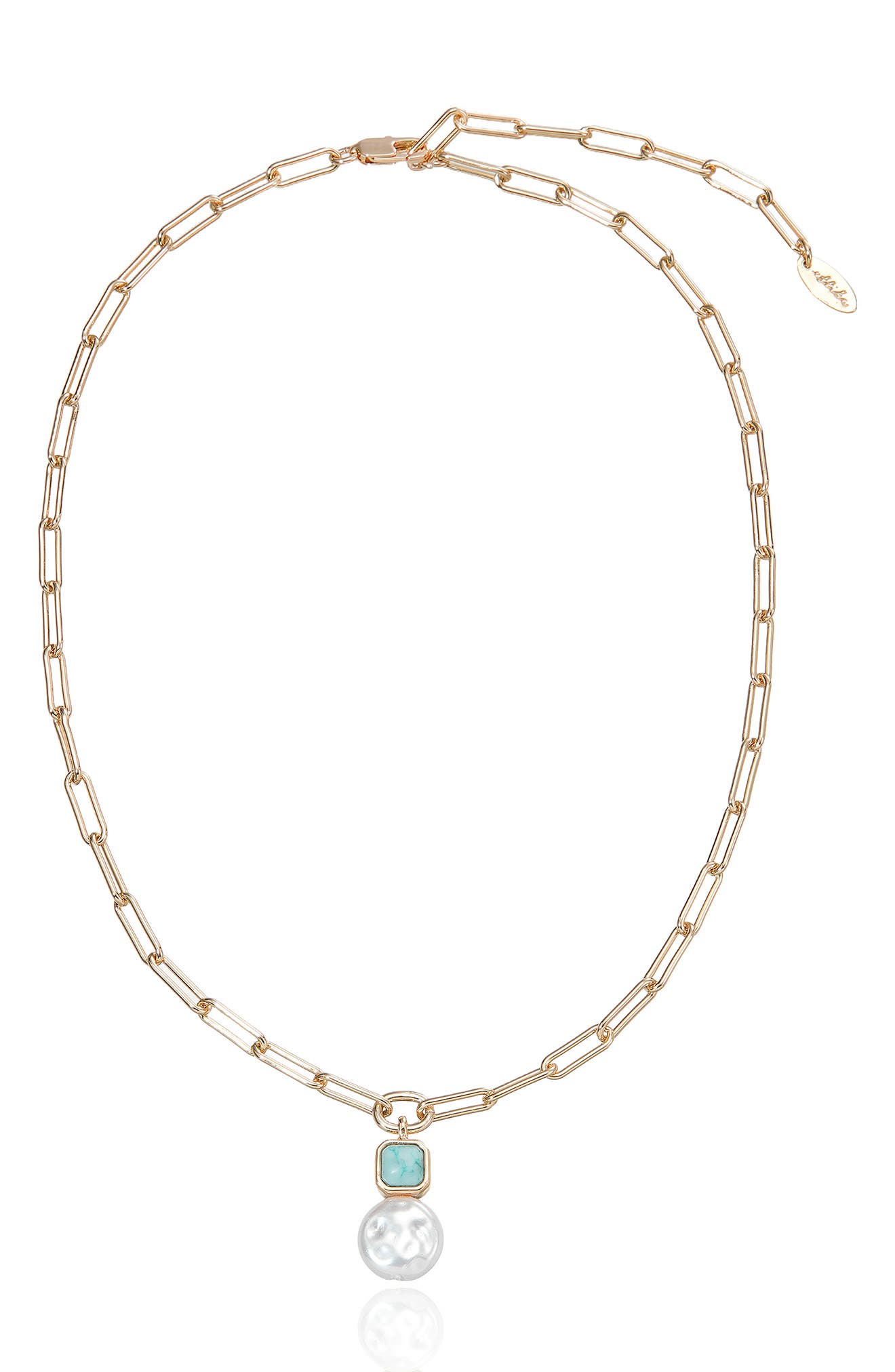 Reconstituted Turquoise and Imitation Pearl Pendant Necklace