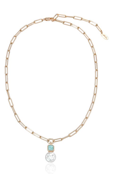 Reconstituted Turquoise and Imitation Pearl Pendant Necklace