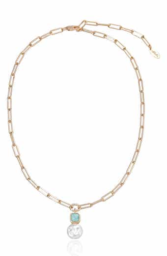 Reconstituted Turquoise and Imitation Pearl Pendant Necklace