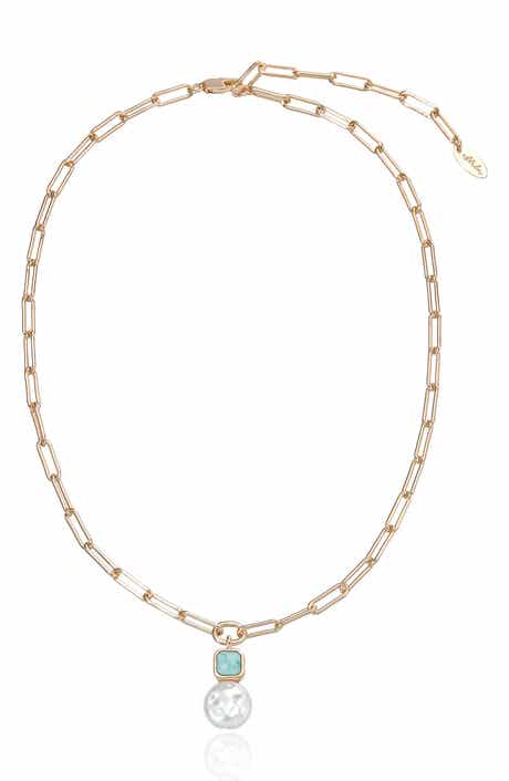 Reconstituted Turquoise and Imitation Pearl Pendant Necklace