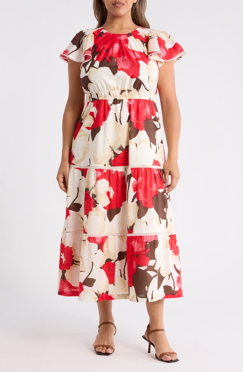 Anne Klein Floral Print Tiered Midi Dress, Main, color, 