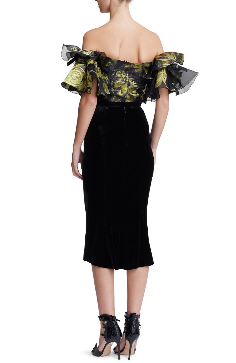 Marchesa Ruffle Off the Shoulder Mixed Media Dress, Alternate, color, 