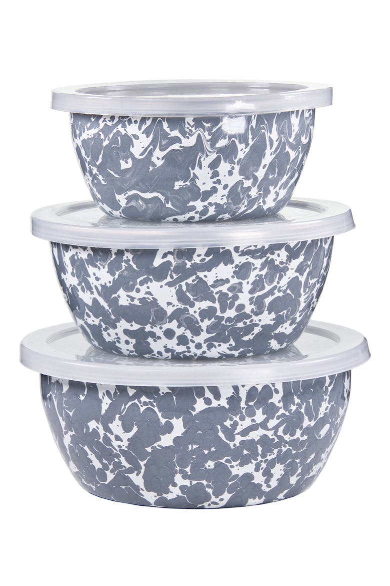 Enamelware Set of 3 Nesting Bowls, Main, color, GREY SWIRL