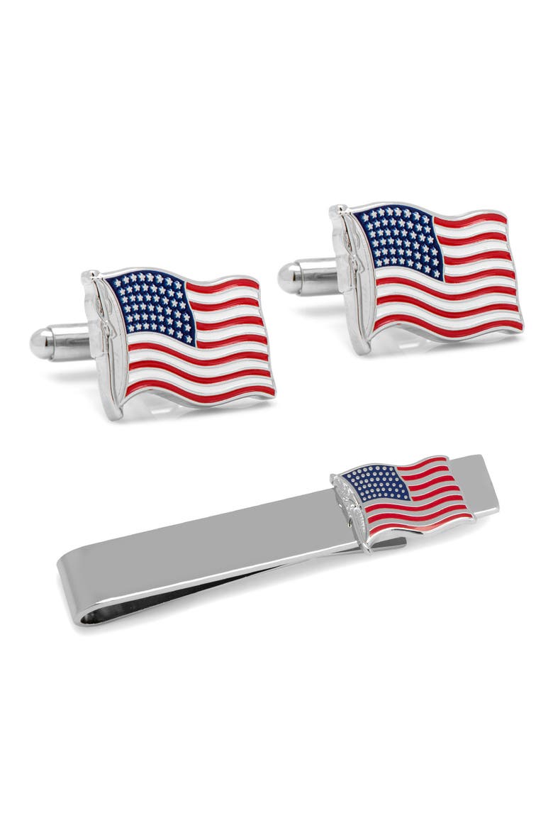 American Flag Cuff Links & Tie Bar Set, Main, color, RED