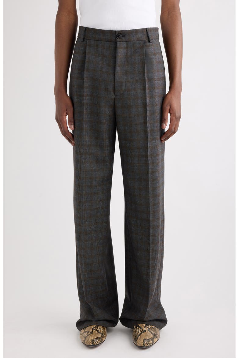 Penrud Plaid Pleated Wool Trousers, Main, color, BROWN