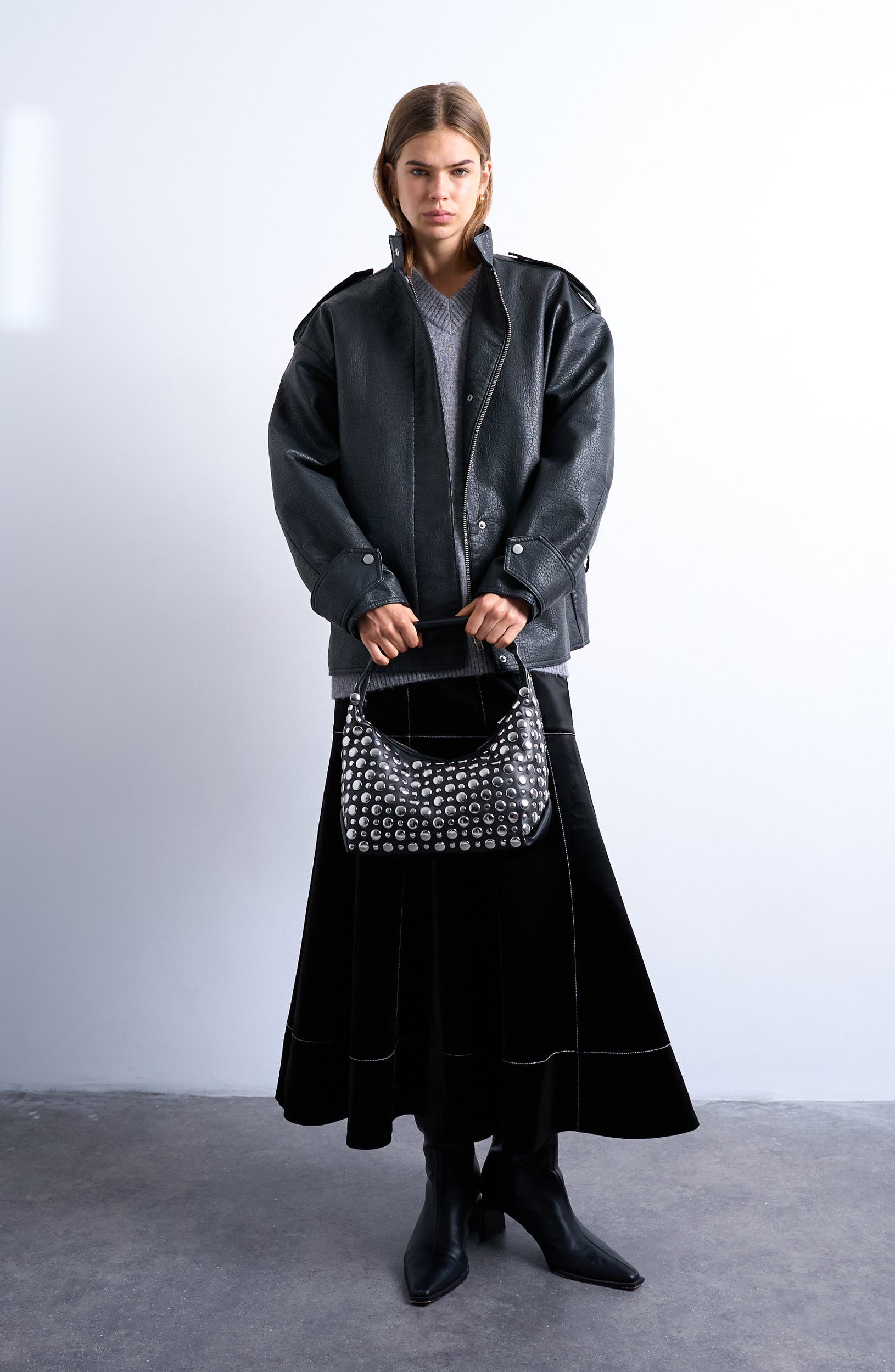 Topshop Studded Faux Leather Shoulder Bag, Alternate, color, 