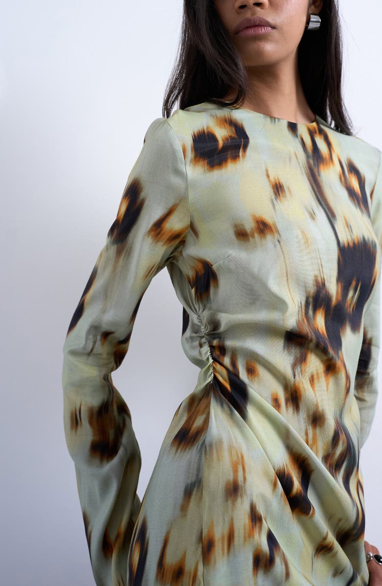 Topshop Ruched Long Sleeve Minidress, Alternate, color, Black Multi