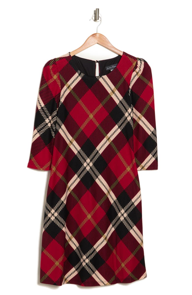 Jessica Howard Plaid Three-Quarter Sleeve Trapeze Dress, Alternate, color, 