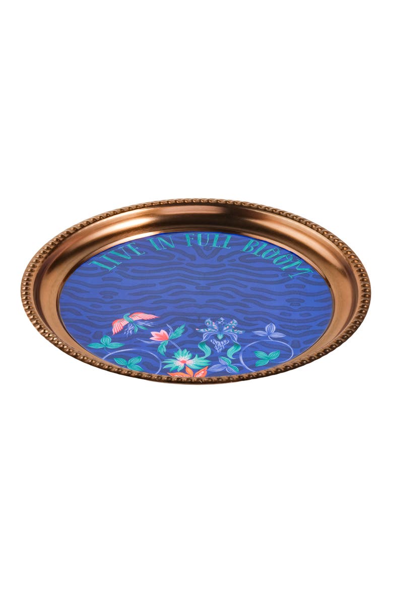 Nanpur Patterned Round Metal Decorative Tray 14X14 In, Alternate, color, Blue