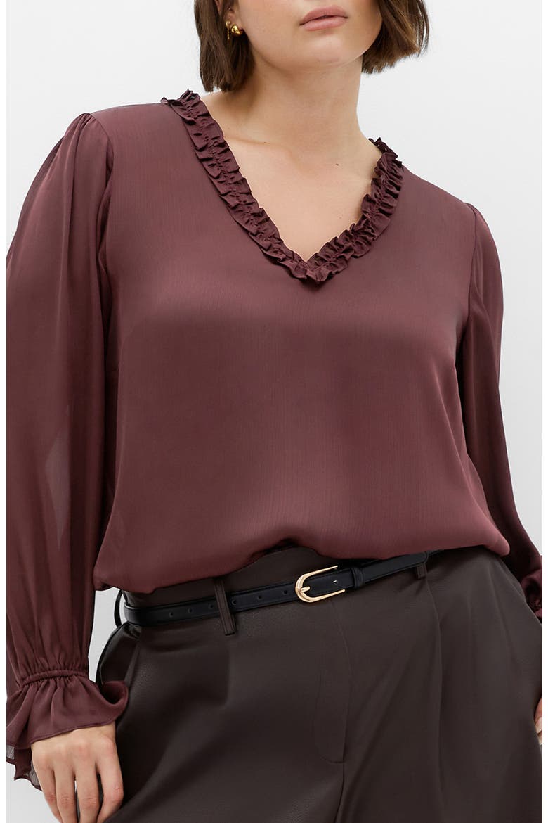 Maia Ruffle Fluted Sleeve Satin Top, Main, color, SPICED PLUM