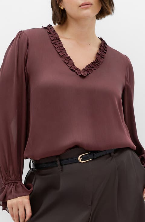 Maia Ruffle Fluted Sleeve Satin Top (Plus)