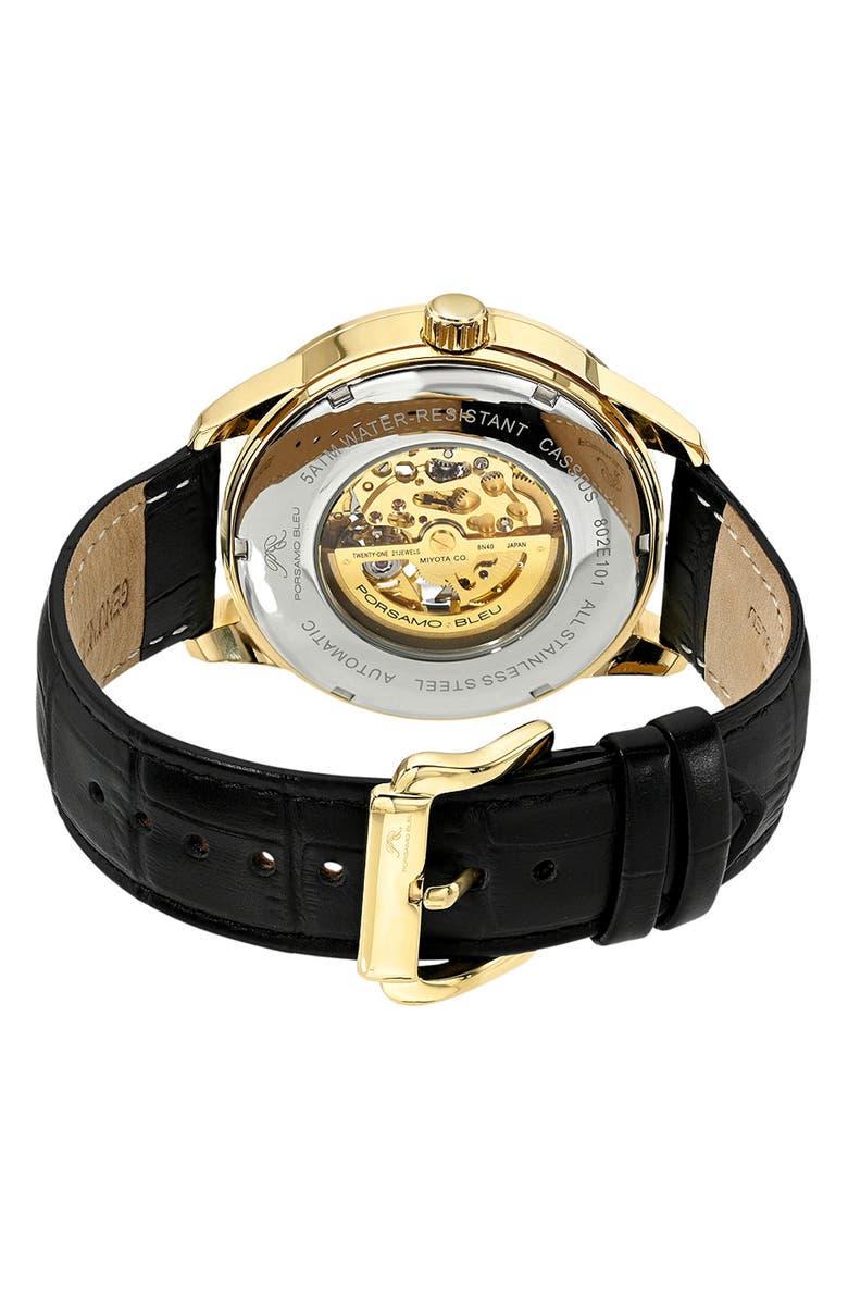 PORSAMO BLEU Cassius Automatic Leather Strap Watch, 45mm, Alternate, color, Gold And Black
