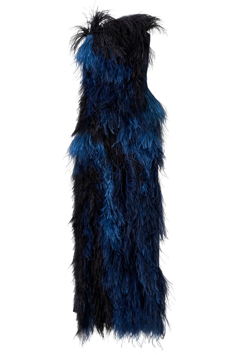 Corsage Strapless Feather Front Silk Gown, Alternate, color, NAVY