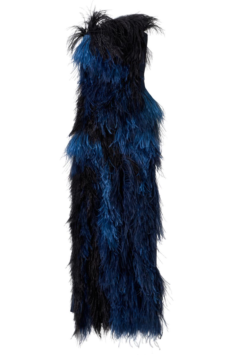 Akris Corsage Strapless Feather Front Silk Gown, Alternate, color, Navy