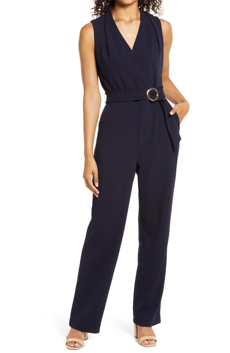 Tahari Sleeveless Faux Wrap Jumpsuit, Main, color,