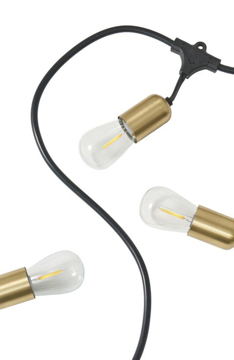 48 ft, 15‑light Plug‑In Heavy Duty LED Outdoor String Lights, Gold Accent Brass Socket and Weatherproof Bulbs