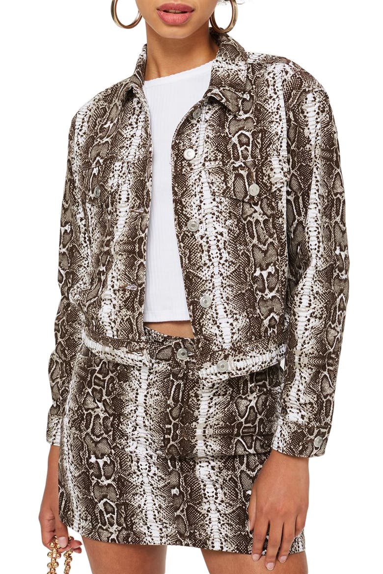 Snakeskin Print Denim Jacket, Main, color, WHITE MULTI